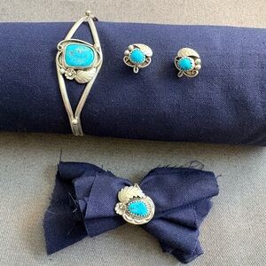 Authentic Navajo Turquoise and Silver Jewelry Set (bracelet, earrings and ring)